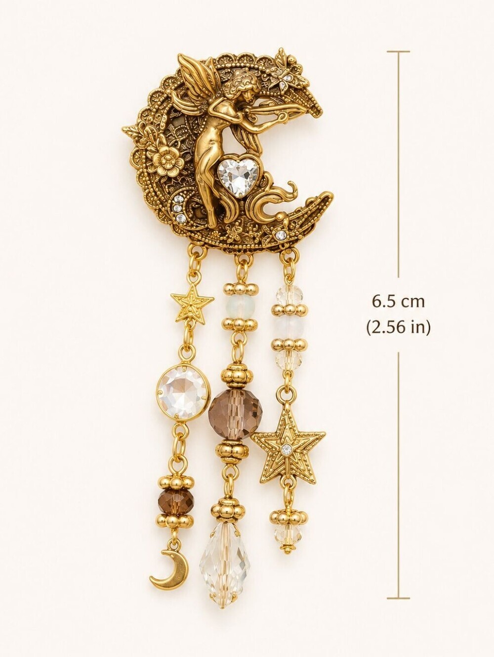 Gold Dragon Moon Dangle Earrings with Crystal Drops - Picture 4 of 8